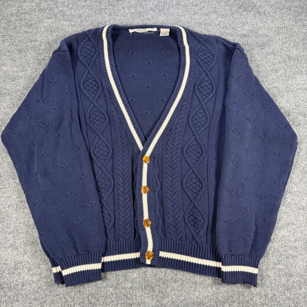 Vintage 90s Bench Cardigan Cotton Navy Blue Large Preppy Cable Knit Sweater